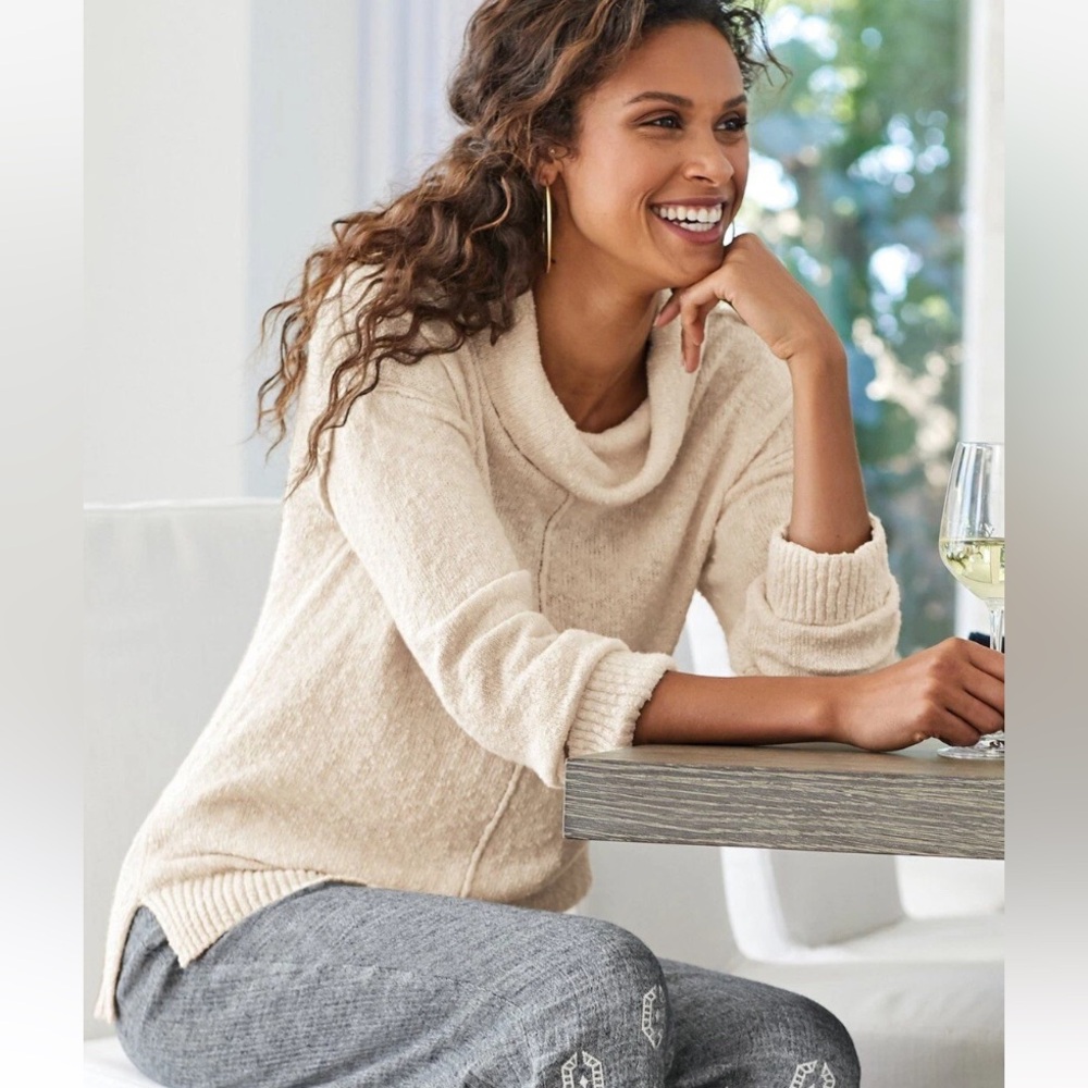 Soft Surroundings Vida Cream Cowl Neck Long Sleeve Cotton Blnd Sweater Small EUC